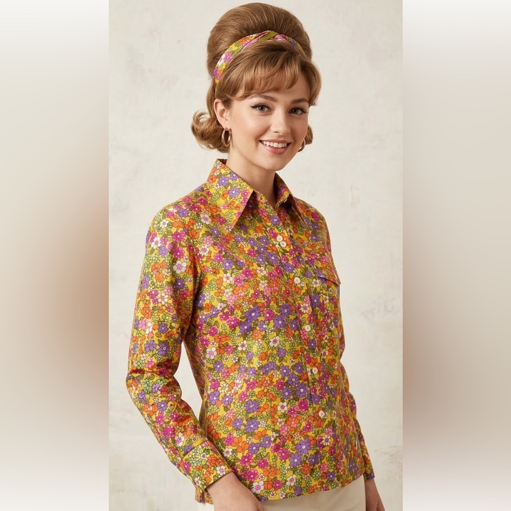 SKYR 70s Vintage Women’s Blouse, Bright Floral